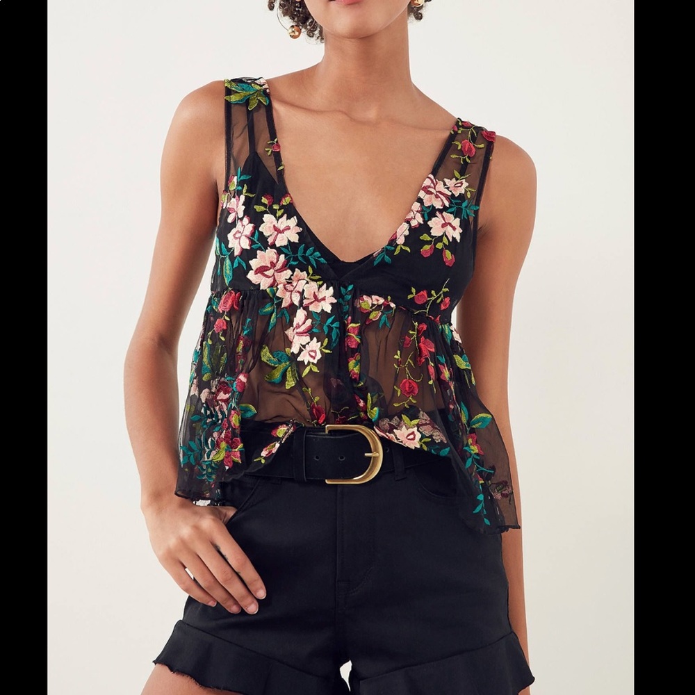 Urban Outfitters Black Embroidered Floral Tank